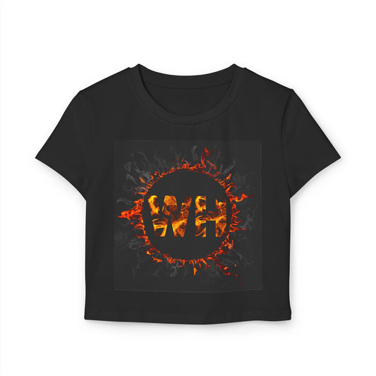 Womens Baby Tee with Fiery WH!? Design - Stylish Graphic Tee for Trendy Looks